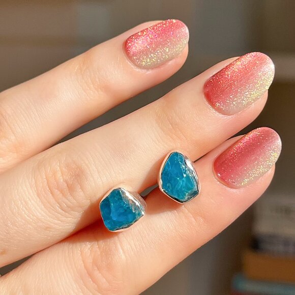 Sterling Silver Raw Sky Apatite Bright Teal Stud Earrings - Picture 2 of 3